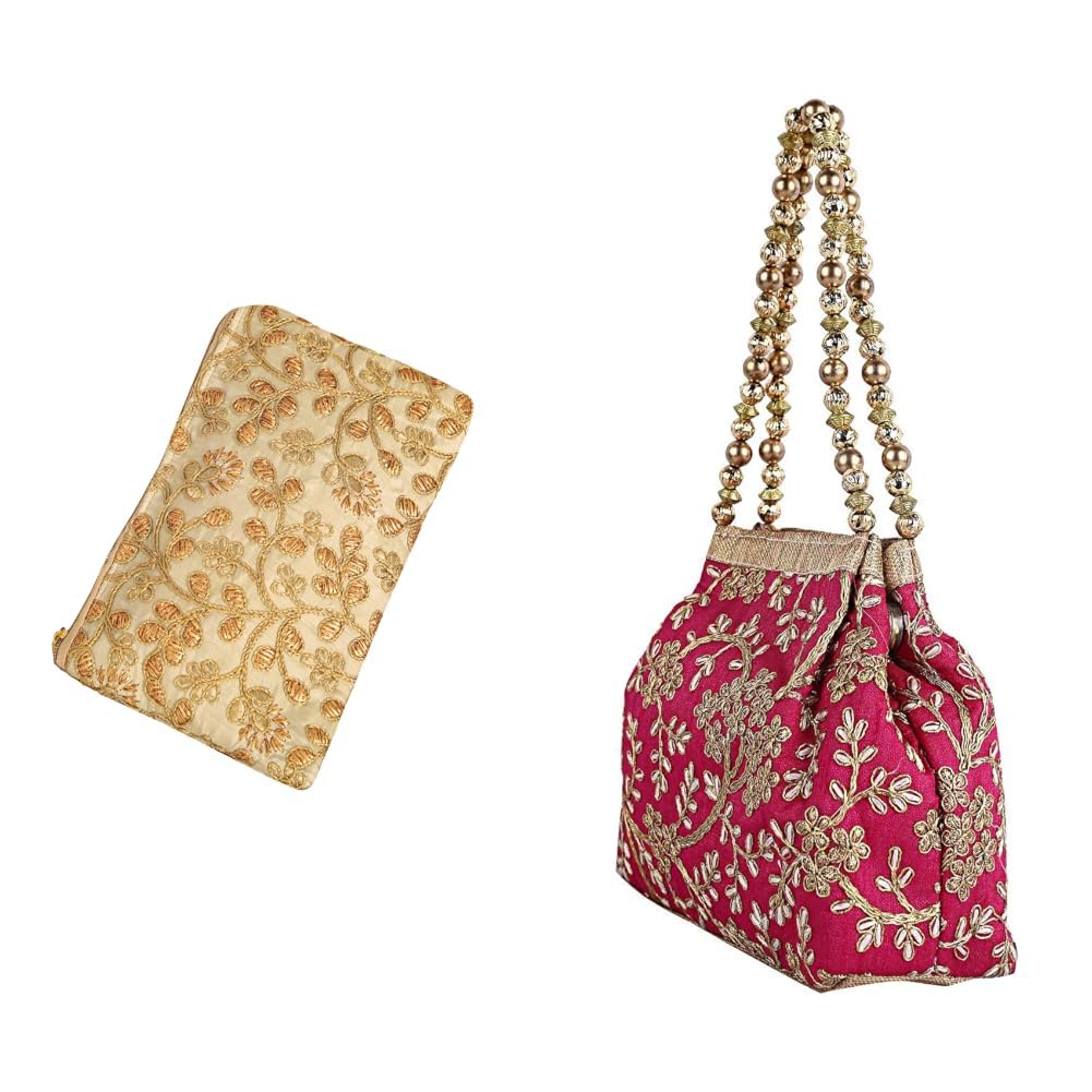 Hand Purse for Women|Ladies Hand Purse|Zipper Closure|Clutch for Party, Wedding + Women's Polyester Embroidered Woman Potli Bag, Pink - CTKTC31391-image-35