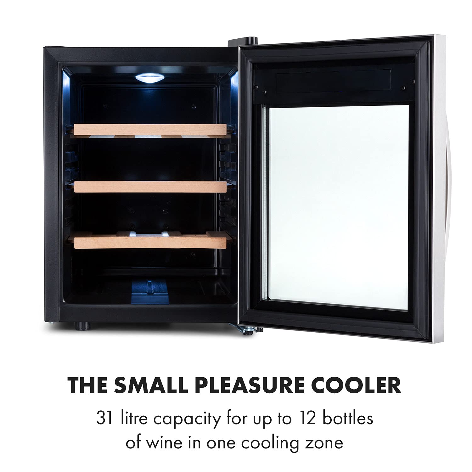 Klarstein Reserva Uno Weinkühlschrank 31 Liter 12 Flaschen 11-18 °C 26 dB 3 Holzregalebenen LED-Beleuchtung UV-Schutz Schwarz