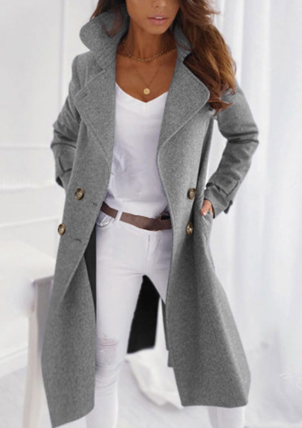 CHARTOU Women Elegant Double Breast Wool Blend Pea Coat Winter Long Coats Jacket Overcoat - Image 2