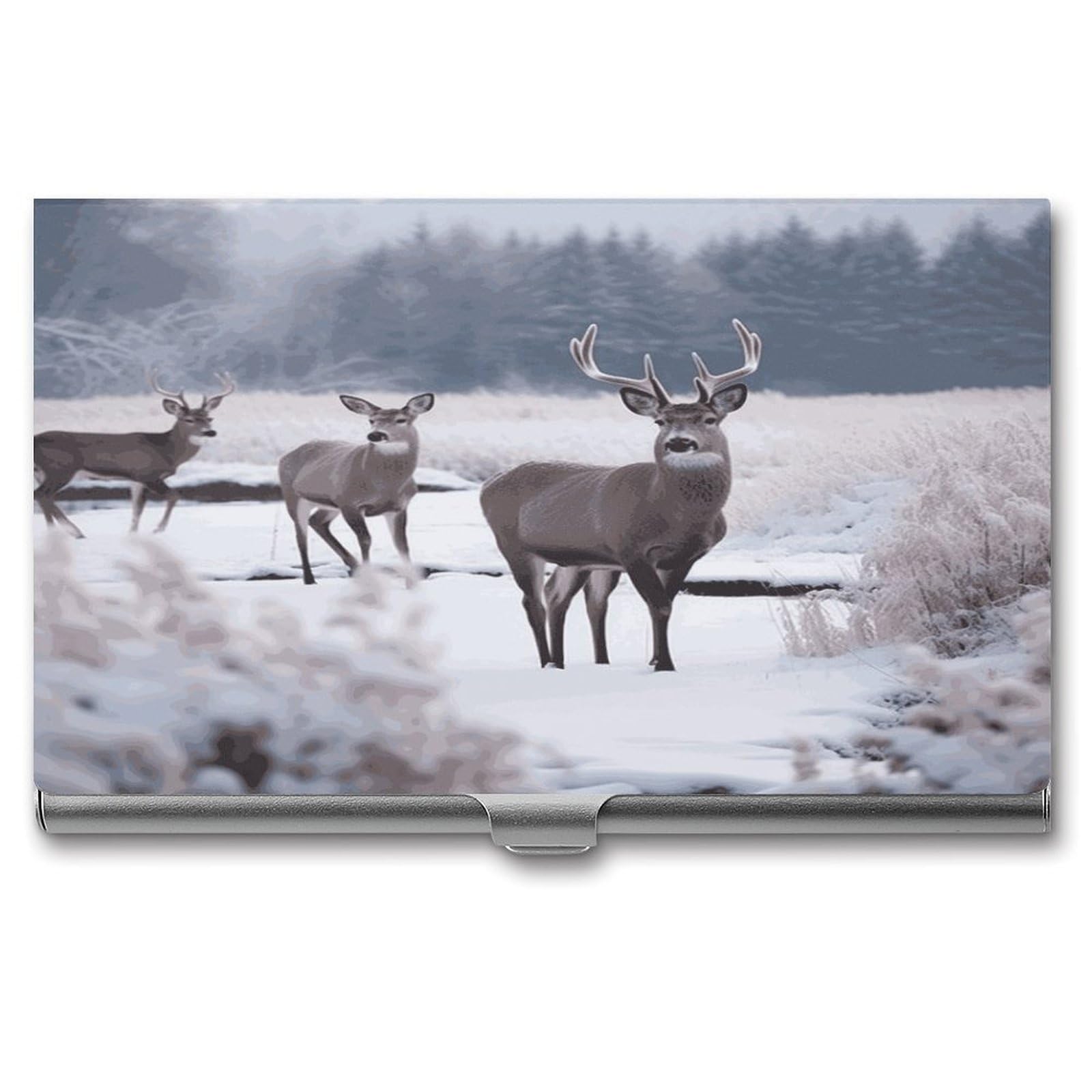 Fekiloot Men's Style Deer On Frozen Wilderness Business Card Holder For Wo Metal Slim Organizer Business Card Carrier Wallet Name Cards Holder Retro Slim Pocket Purse Small Portable Card Case