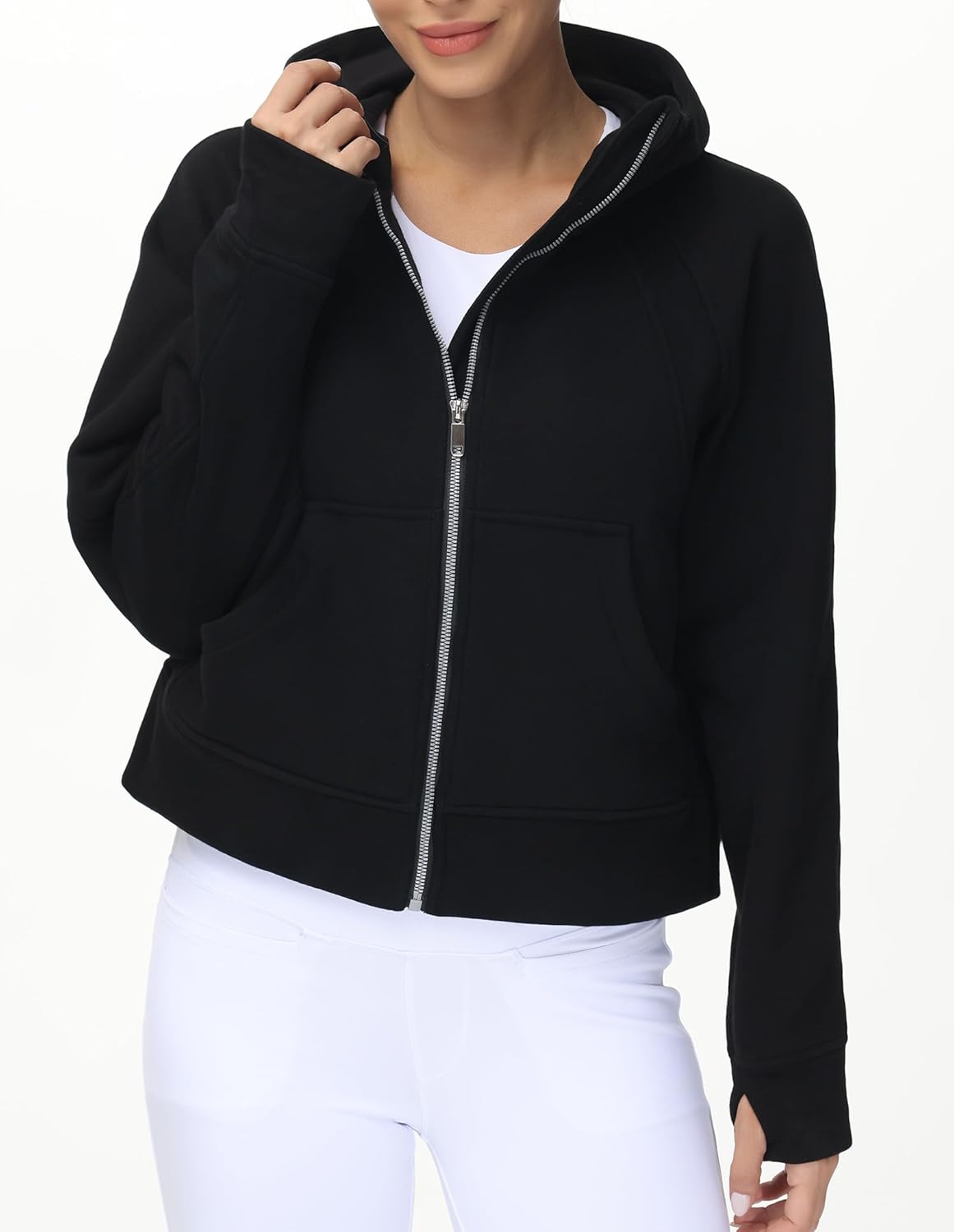 THE GYM PEOPLE Women's Full-Zip Up Hoodies Jacket Fleece Workout Crop Tops Sweatshirts with Pockets Thumb Hole - Image 2