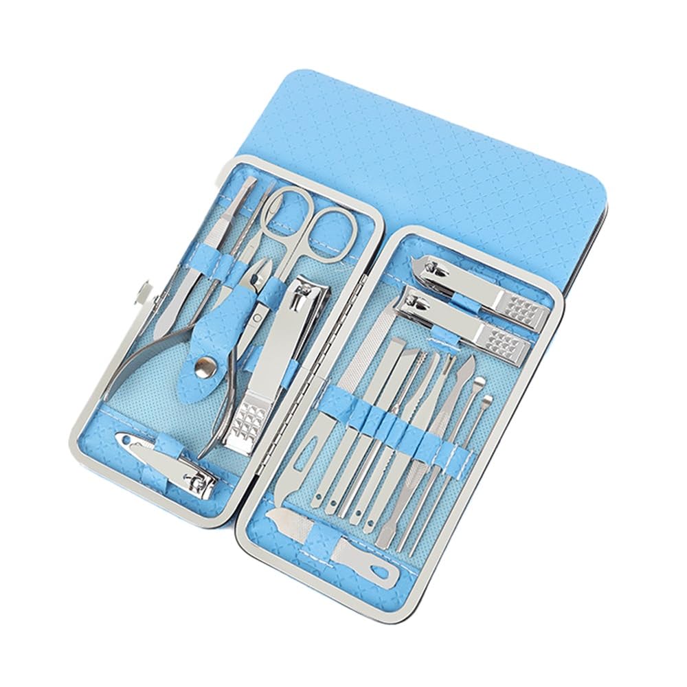 Cortaúñas de Acero Inoxidable, Juego de cortaúñas, cortaúñas para pies y Set de manicura, Ideas de Regalo (19 Piezas), Kit de manicura (Negro) (Azul)