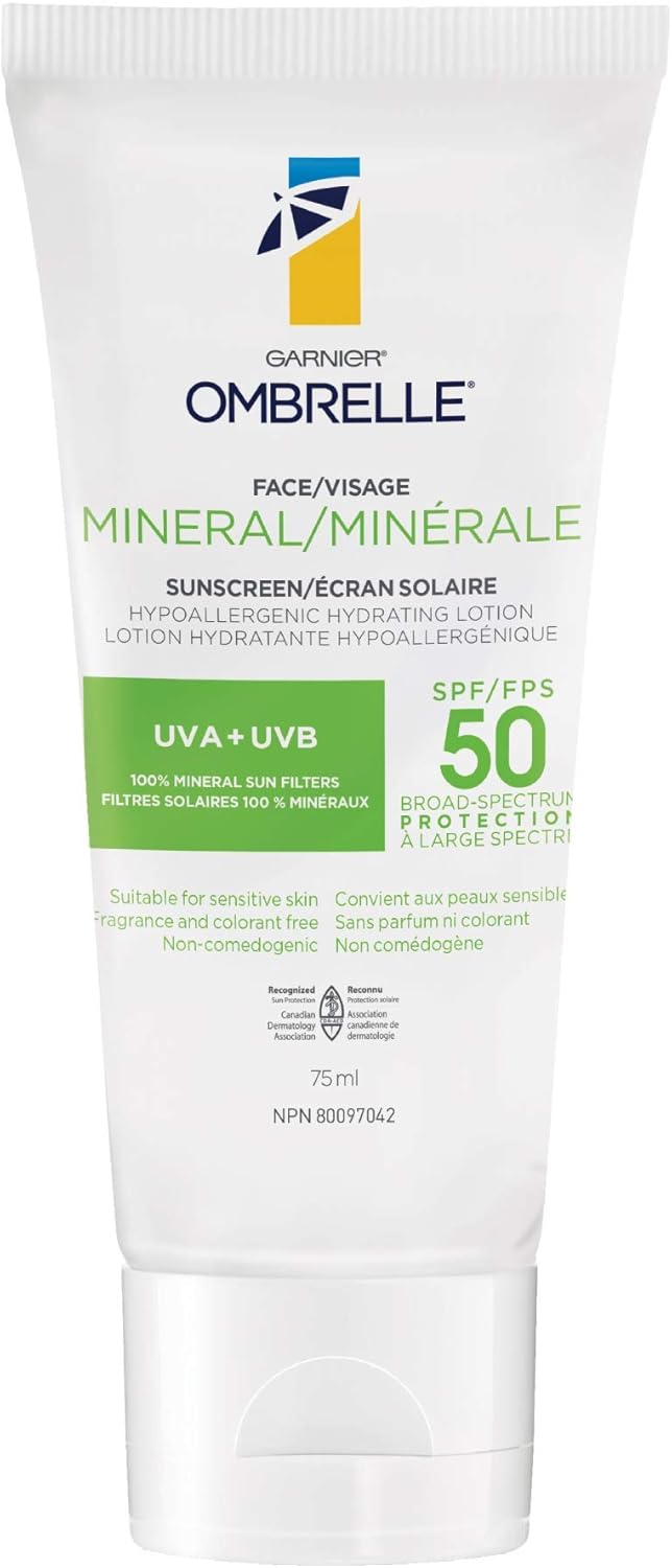 Garnier Ombrelle Mineral Face Sunscreen Lotion SPF 50 with Hyaluronic Acid, Hypoallergenic, Non-comedogenic, Fragrance Free, 75 ml