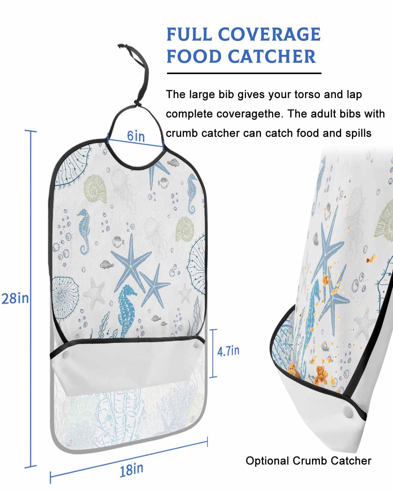LEOKOTI Blue Coastal Adult Bibs for Eating, Waterproof Bibs with Food Catcher & Adjustable Snap Closure, Nautical Summer Beach Starfish Coral Washable Clothing Protectors Adult Bibs for Elderly