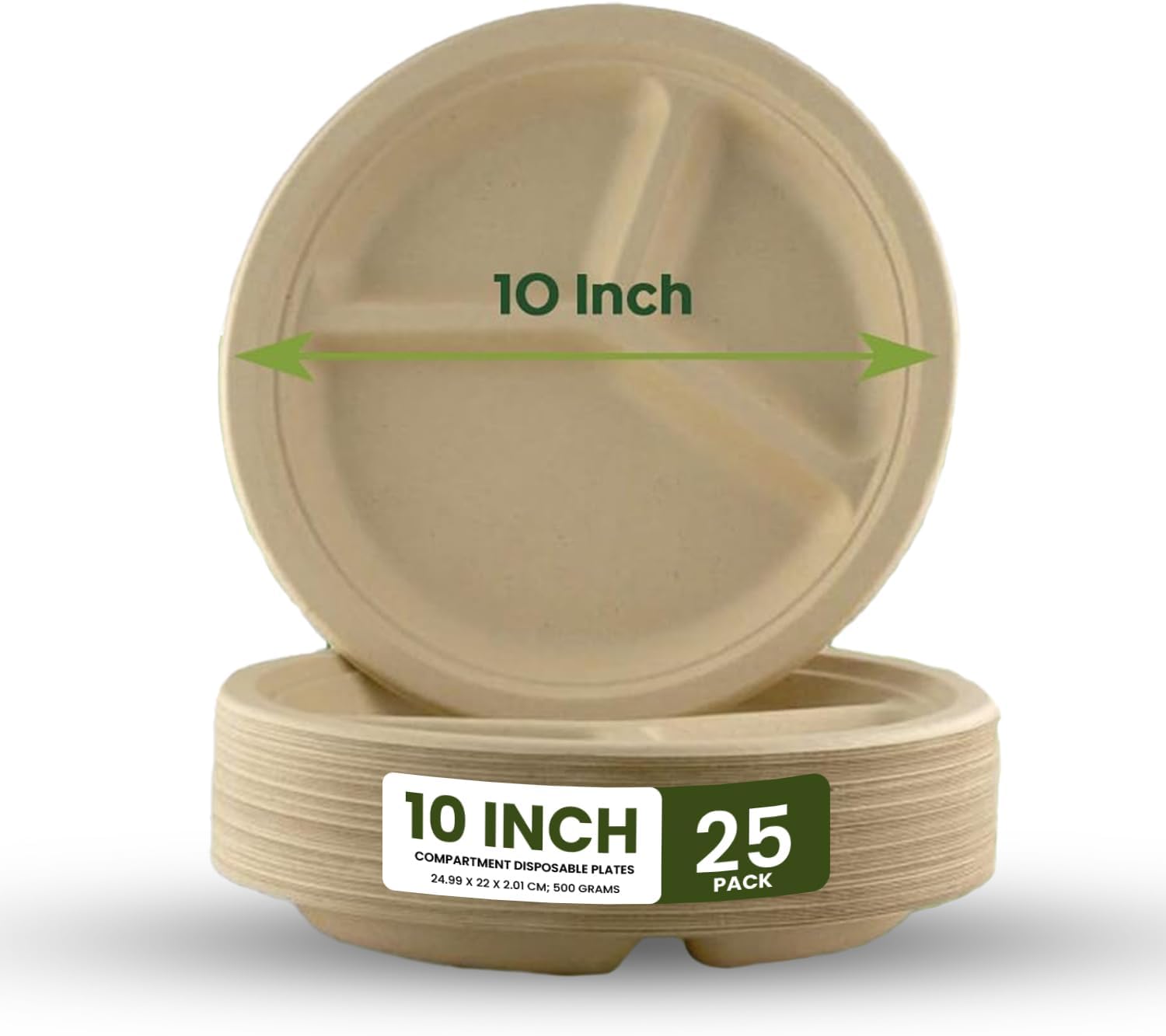 ecoway 3-Compartment Disposable Plates 10Inch Heavy Duty Eco-Friendly 100% Natural Bagasse Fiber Biodegradable Compostable Sustainable Paper Alternative Plates [Pack on 25]