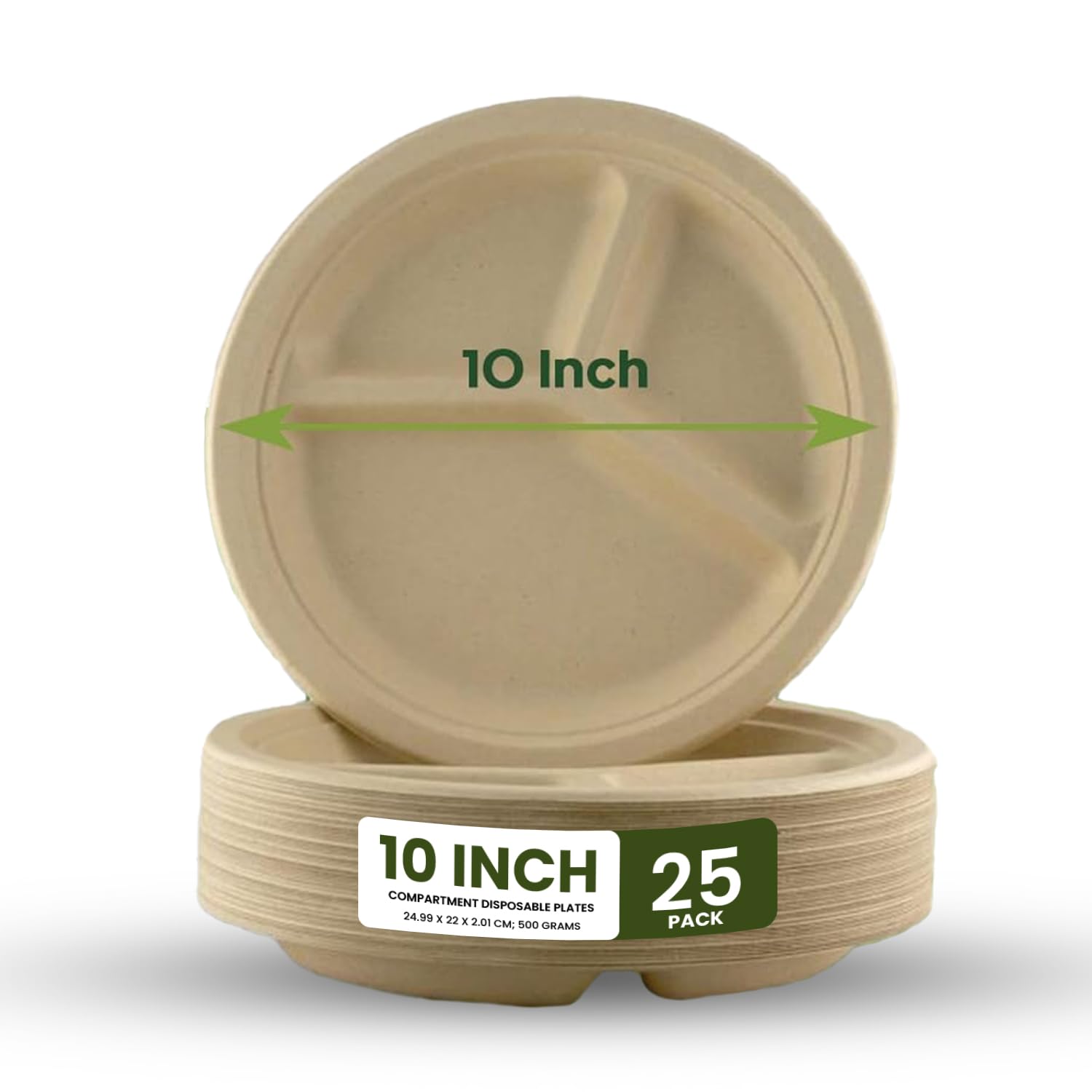ecoway 3-Compartment Disposable Plates 10Inch Heavy Duty Eco-Friendly 100% Natural Bagasse Fiber Biodegradable Compostable Sustainable Paper Alternative Plates [Pack on 25]