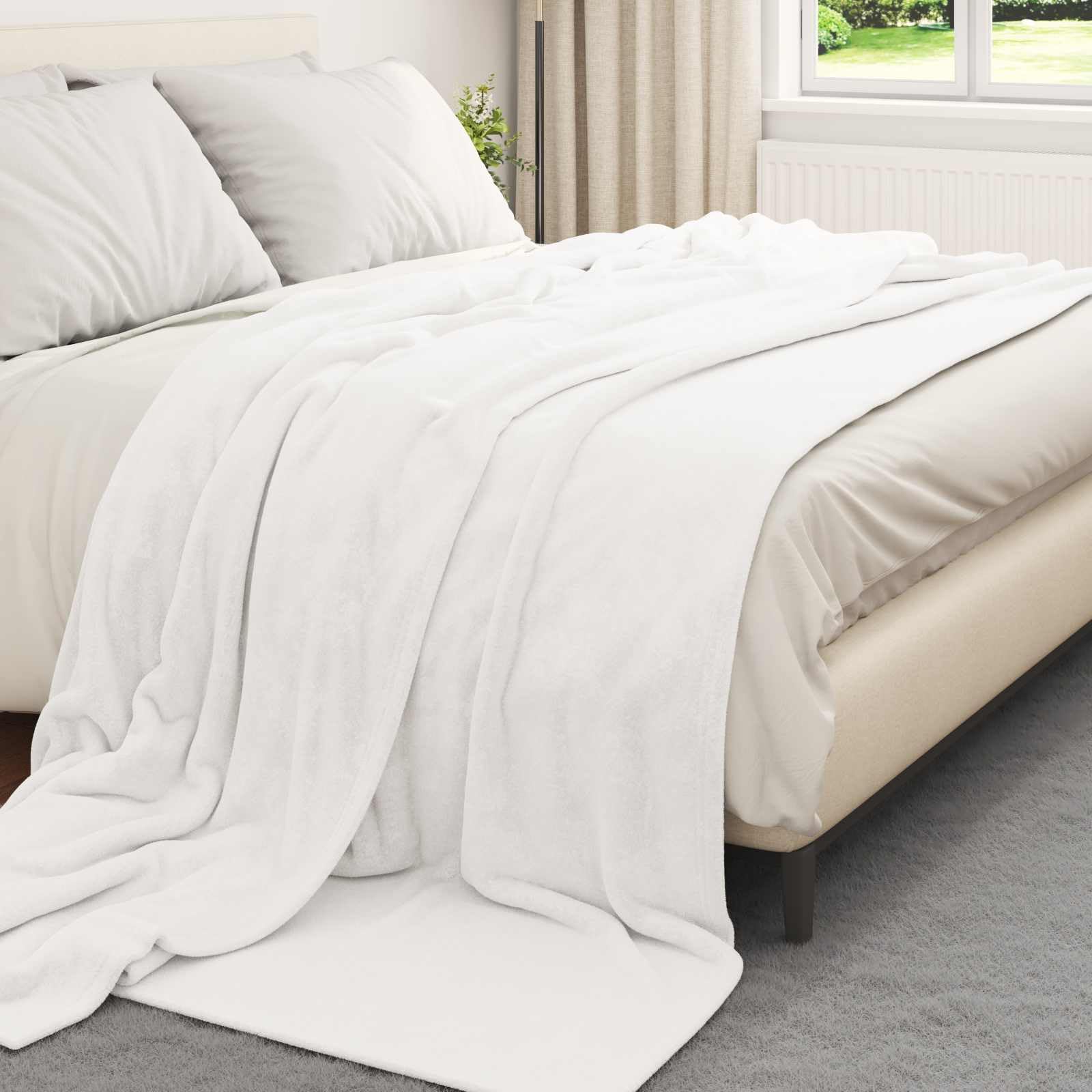 Manta blanca de forro polar, 220 x 240 cm, manta ligera como colcha, manta a cuadros, para sofá, dormitorio, salón, habitación de invitados y camping