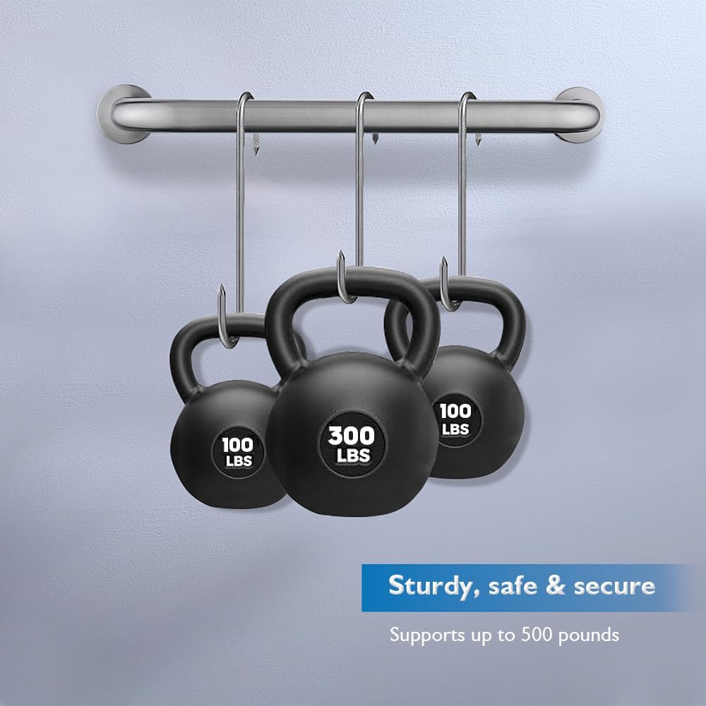 An image showing three kettlebells (100 lbs, 300 lbs, 100 lbs) hanging from the grab bar, demonstrating its 500-pound weight capacity.