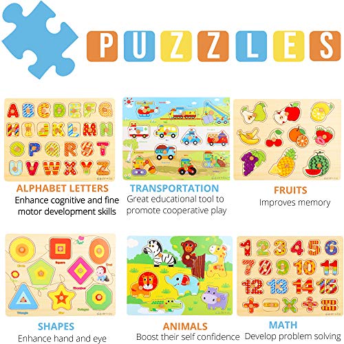 Premium Wooden Toddler Puzzles and Rack Set - (6 Pack) with Storage Holder Rack and Learning Clock - Kids Educational… - Image 4