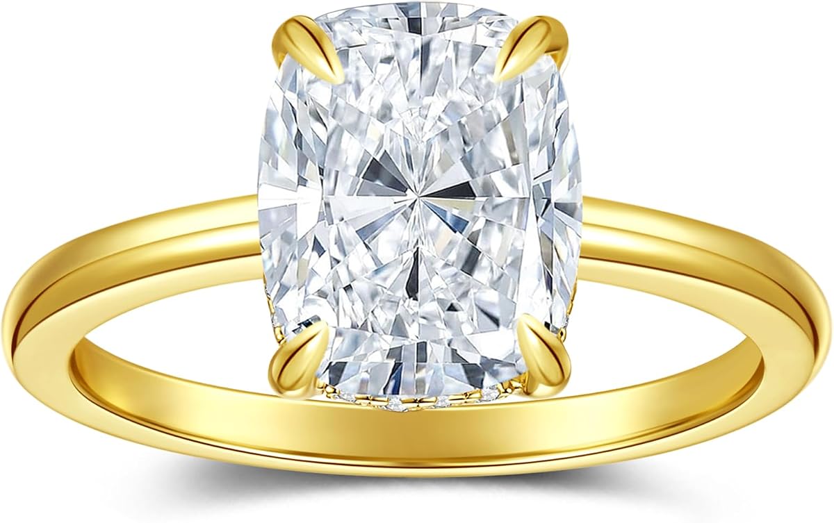 4CT Elongated Cushion Cut Moissanite Engagement Ring for Women | D Color VVS1 Solitaire, 14K Gold Plated Wedding Promise Anniversary Ring