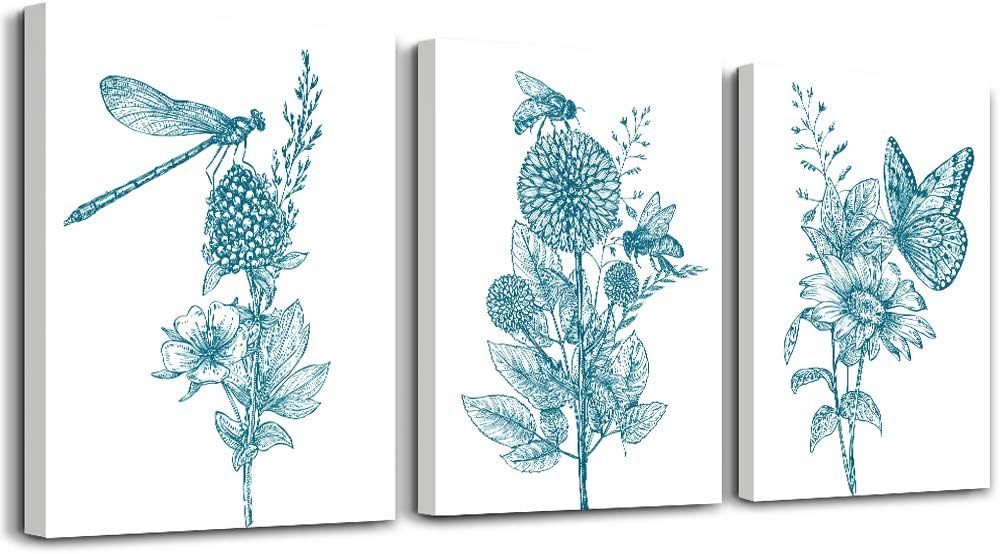 Blue abstract plants flowers Canvas Prints Wall Art Paintings for Living Room Bedroom Decoration, 3 Panels Home bathroom Wall decor posters Sunflowers butterflies Home Decorations Artworks Pictures