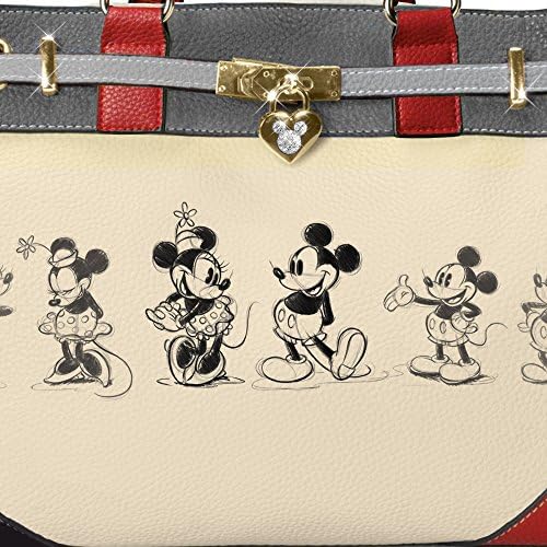The Bradford Exchange Designer Disney Mickey Mouse And Minnie Mouse Love Story Handbag with a locket-style heart charm featuring a Mickey Mouse silhouette