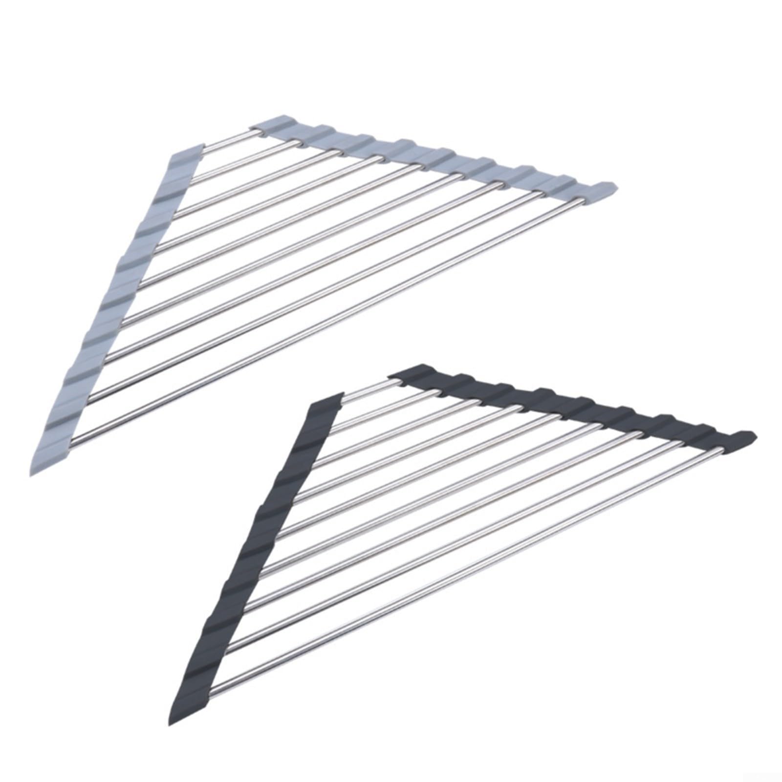 Escurridor triangular de acero inoxidable plegable sobre el fregadero con salvamanteles antideslizante para organización de mostrador, color gris (negro)