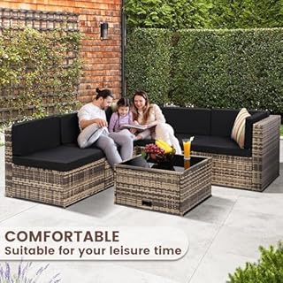 KROFEM 8-Piece Patio Furniture Set, Outdoor Wicker Rattan Sectional with Thick Cushions, Glass Top Table with Hidden Storage, Outdoor Conversation Set for Backyard, Porch, Patio, Black