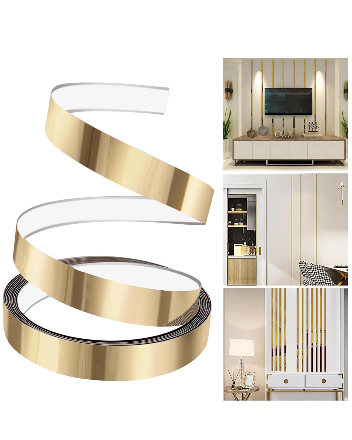 Golden Strips for Wall, 50 Meters Golden Tape for Wall Decoration, Mildewproof and Waterproof, Self Adhesive Tiles Stickers for Floor, Gold Tape Trim Strip for Ceiling Floor Cabinet Tile Edge Moulding
