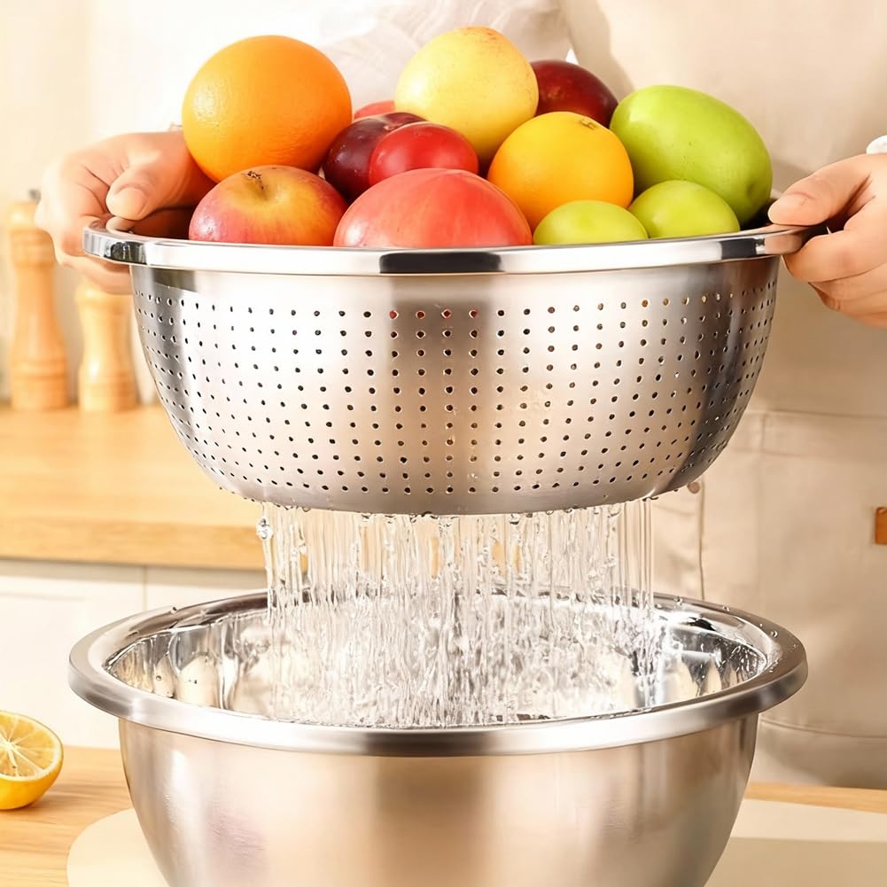 CEWROM Set di 2 scolapasta in acciaio inox e ciotole, 22 cm, scolapasta impilabile con ciotola, colino per cibo da cucina per lavare pasta, frutta, verdura, resistente e lavastoviglie