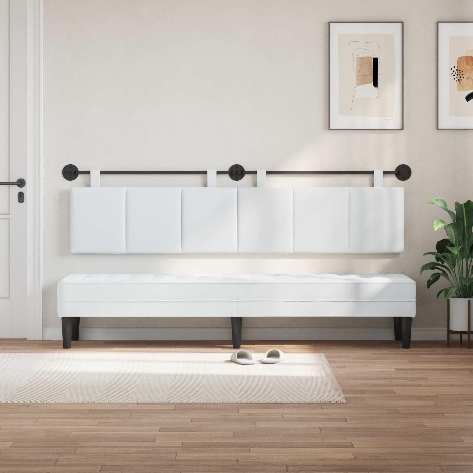 Tête de lit suspendue blanche - Panneau mural rembourré en tissu pour une largeur totale de 210 cm - Tête de lit moderne avec kit de montage mural et sangles réglables pour chambre à coucher