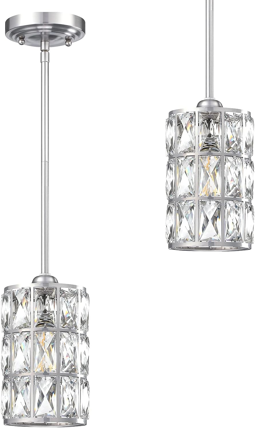 3 Pack 1 Light Hanging Kitchen Island 5.5" Crystal Modern Pendant Light Fixture,Brushed Nickel Finish with Crystal Shade for Bar,Dining Room,Corridor,Living Room Over Sink