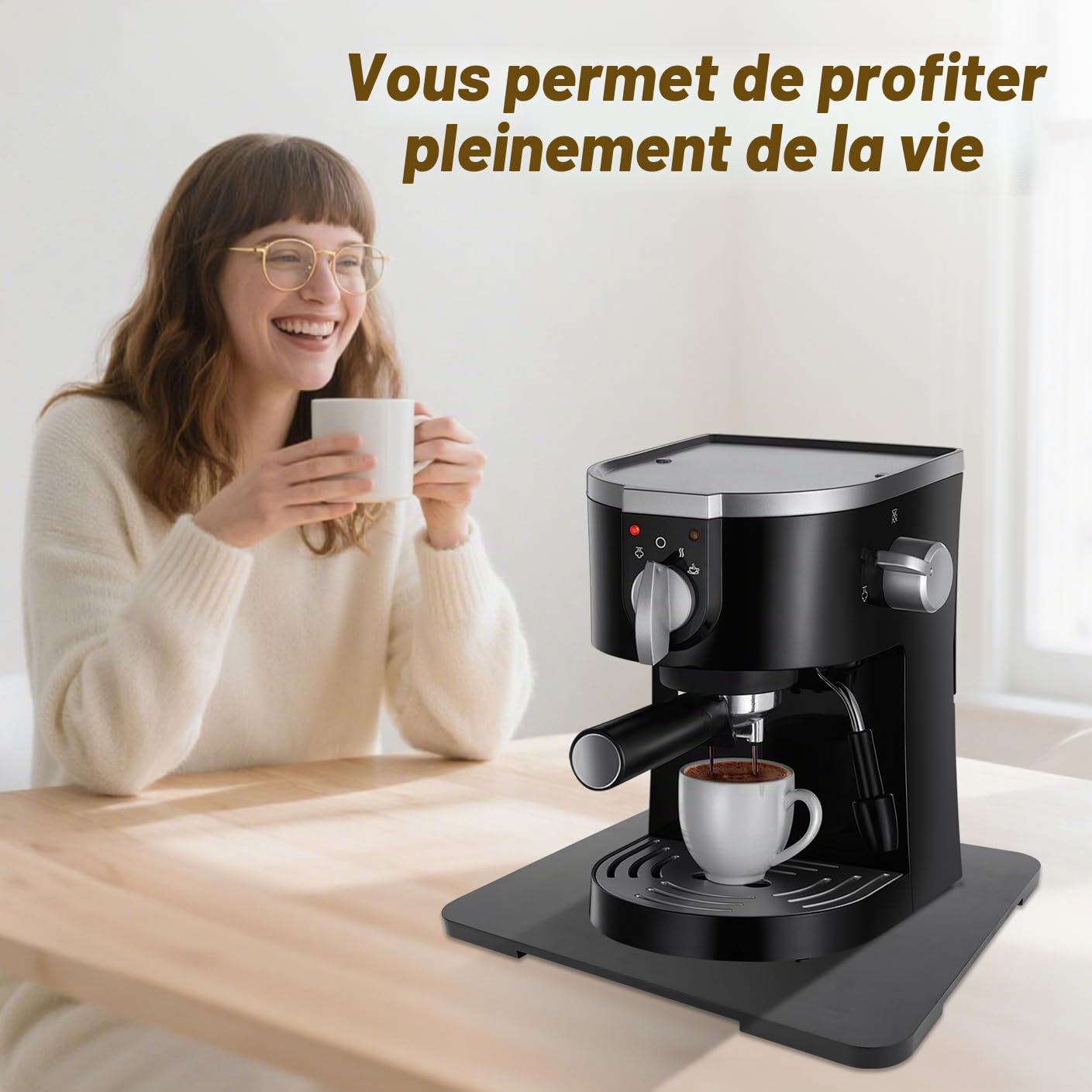 Plateau coulissant à 360° pour machine à café, plateau coulissant en bambou pour plan de travail, tapis coulissant pour appareils de cuisine pour machines à expresso noir, 33 x 40 cm