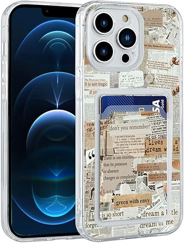 Funda estética para teléfono con tarjetero para iPhone 12 Pro Max, diseño de collage de periódicos retro, bonita funda para teléfono para niñas y