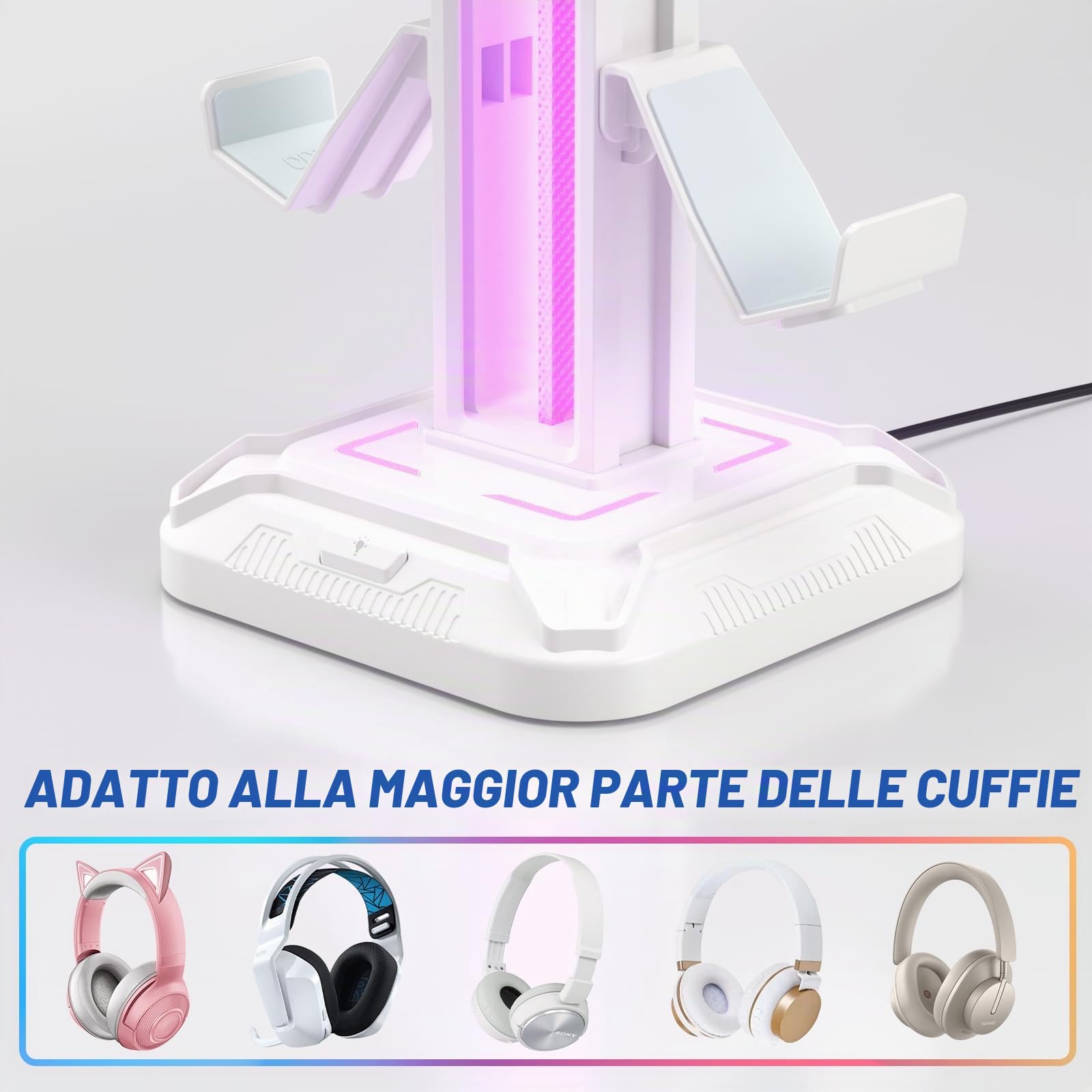 KDD Supporto Cuffie Gaming con 9 Modalità di Illuminazione - Porta Cuffie da Scrivania - Ruotabile Porta Controller & Staccabile Gancio Cuffie per Accessori Gaming Stanza PC Xbox PS5 PS4 (Bianco)