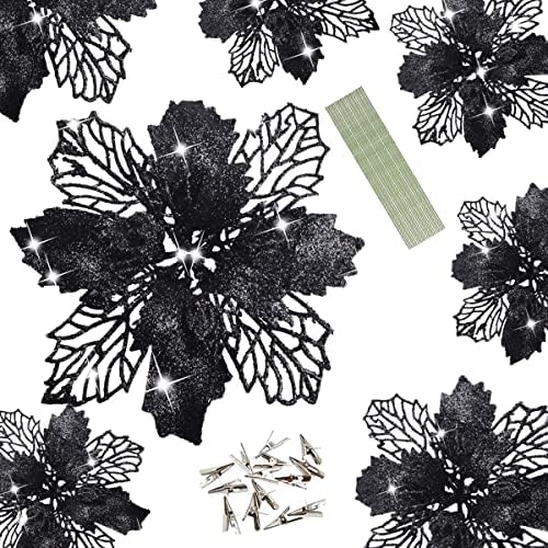 Wereves 12 Pcs Black Glitter Artificial Poinsettia Flowers with Clips and Stems, 5.9 Inch Artificial Flowers Christmas Flowers Christmas Wreath Garland Christmas Tree Ornaments