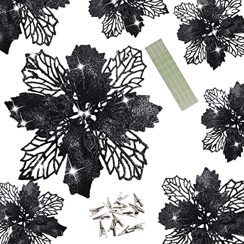 Wereves 12 Pcs Black Glitter Artificial Poinsettia Flowers With Clips And Stems, 5.9 Inch Artificial Flowers Christmas Flowers Christmas Wreath Garland Christmas Tree Ornaments #TOP1