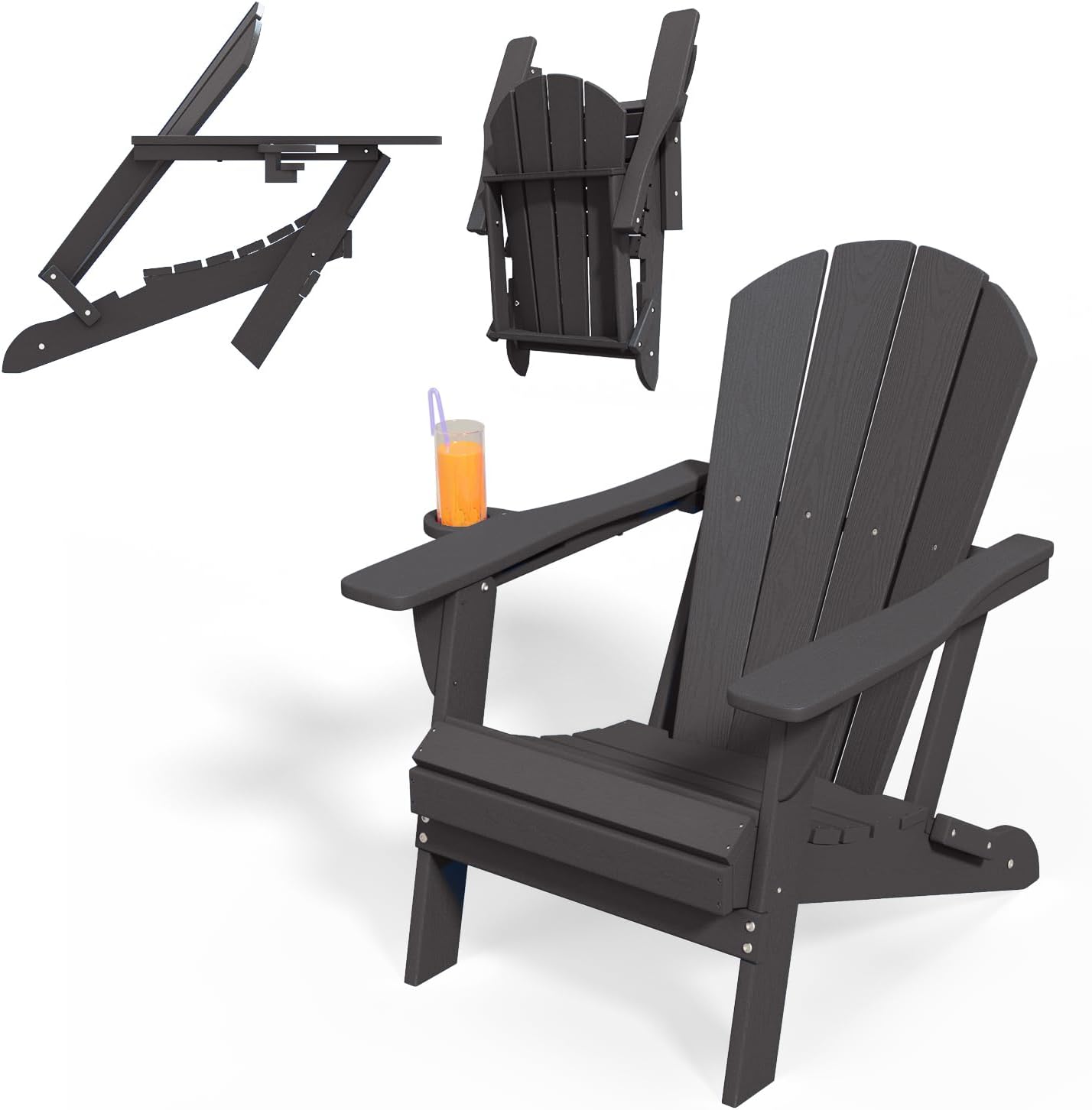 Folding Adirondack Chairs with Cup Holders, Set of 6 HDPE Plastic Outdoor Chairs, Weather Resistant, Real Wood Look, Heavy-Duty Patio Furniture for Deck, Fire Pit, Backyard, Black