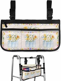 Spring Florals Wheelchair Side Bag Walker Bag, Summer Flowers Ladybug Daisy Wheelchair Accessories Armrest Pouch, Organizer Storage Bag for Walkers, Rollators, Scooters, 7.3'x13'