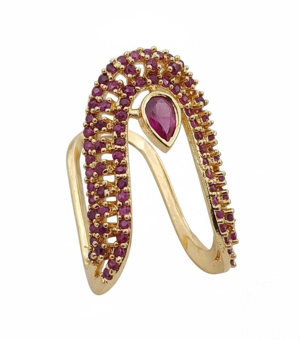 Elegant Gold-Plated Double Band Ruby Stone Ring for Women | Unique Designer Finger Ring with Teardrop Gem & Dual Band Design-image-30