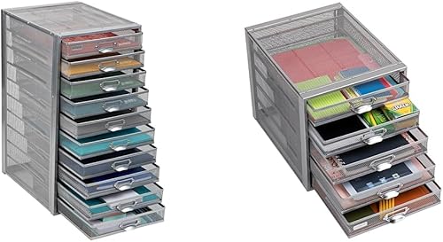 Mind Reader Organizador de almacenamiento de escritorio de malla, resistente, multiusos, plateado con 10 cajones y gabinete, organizador de