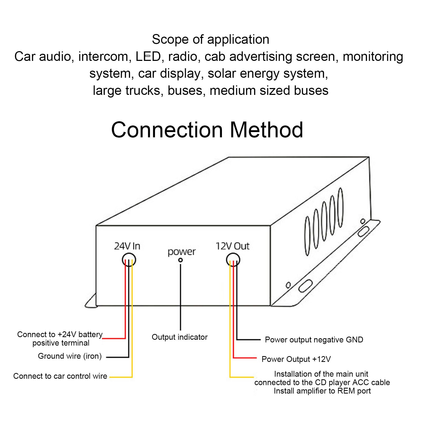 Convertitore di tensione da 24 V a 12 V 600 W 50 A – Adattatore di alimentazione audio per camion e regolatore riduttore per auto, SUV, autobus – Trasformatore step down con (60A)
