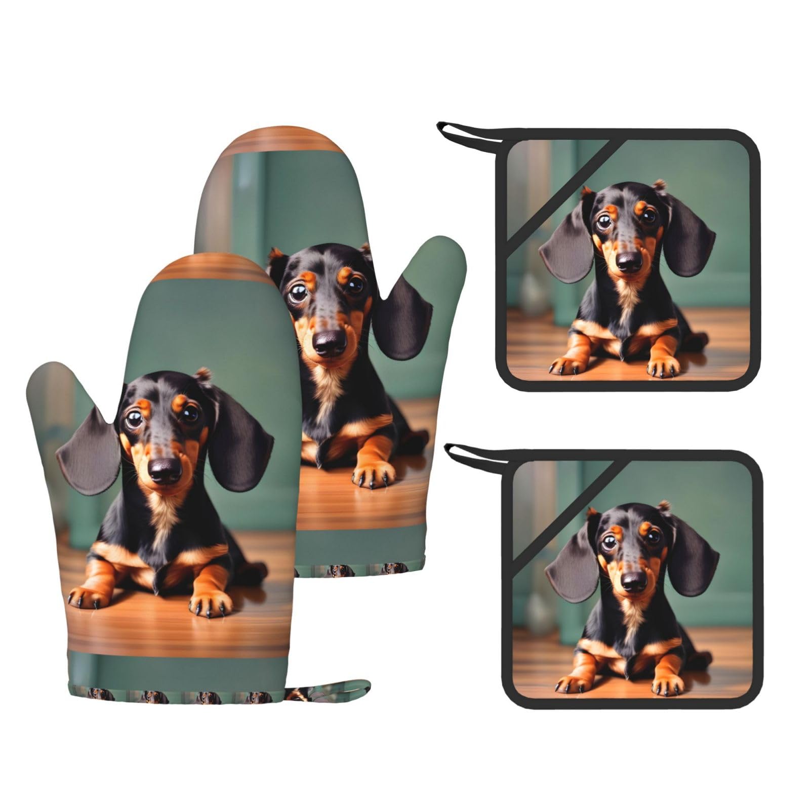 Cute Dachshund Duggee Print Kitchen Heat Resistant Set,Cooking Kit With Hanging Loop For Baking & Bbq