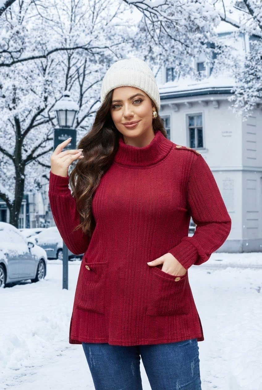 Amrto Plus Size Sweaters for Women 2025 Winter Cowl Neck Tunic Sweaters Buttoned Holiday Vacation Tops with Pockets - Image 4
