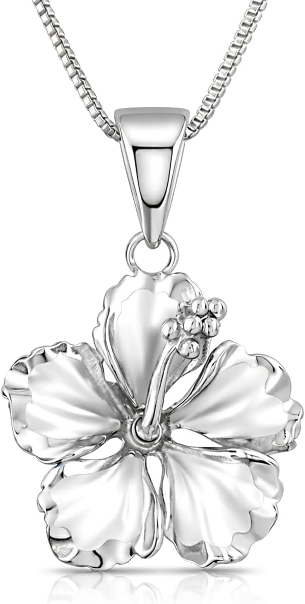 17mm Sterling Silver Hibiscus Pendant Necklace