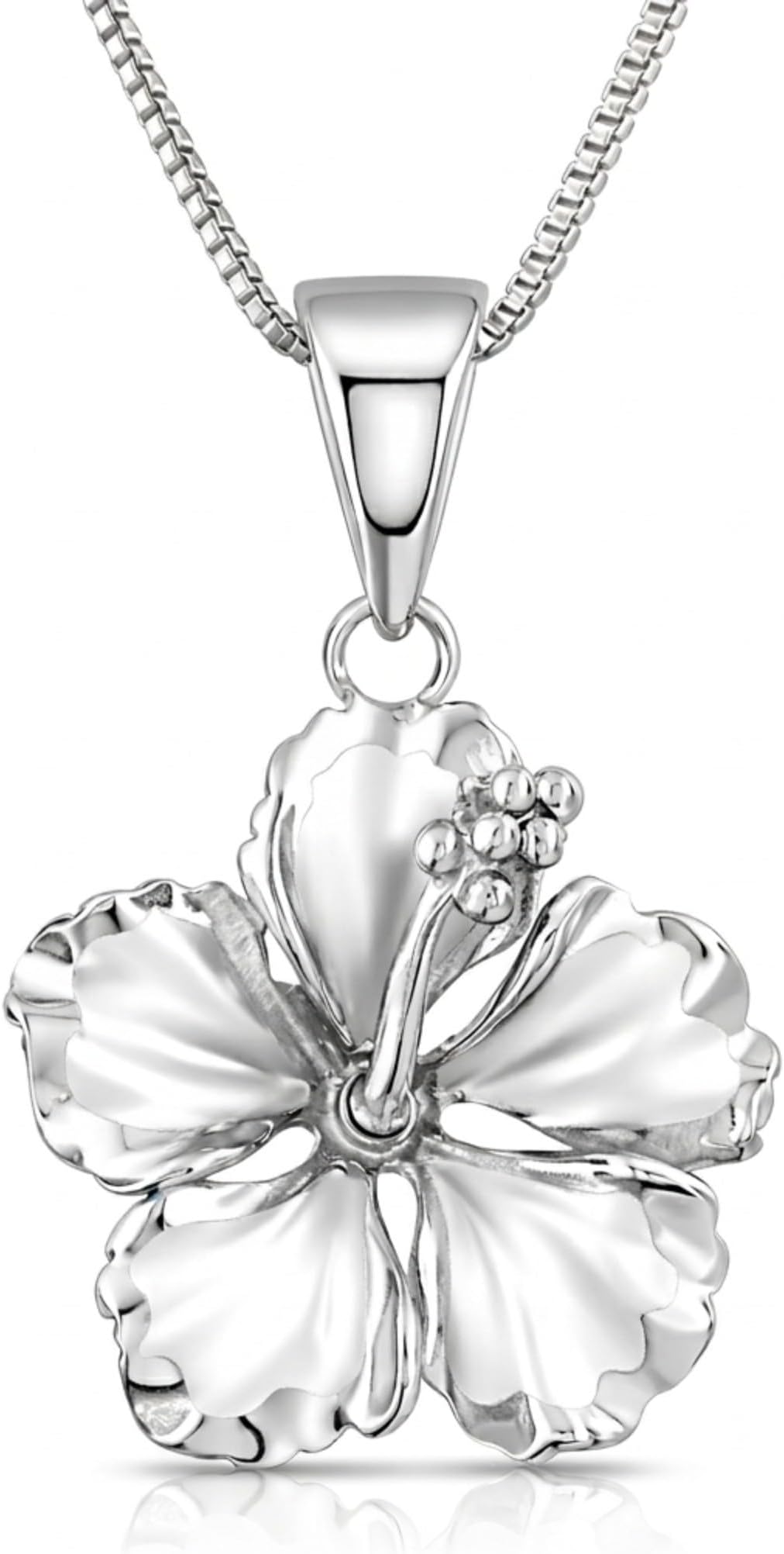 17mm Sterling Silver Hibiscus Pendant Necklace, Chain Necklace with Hibiscus Flower Pendant, 16+2" Extender, Made in Italy