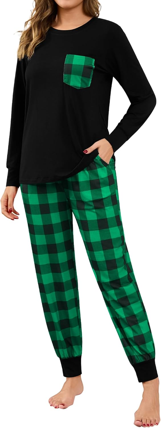 SWOMOG Women Christmas Pajamas Sets Buffalo Plaid Pajama Pants with Pockets Long Sleeve Tops Loungewear Set