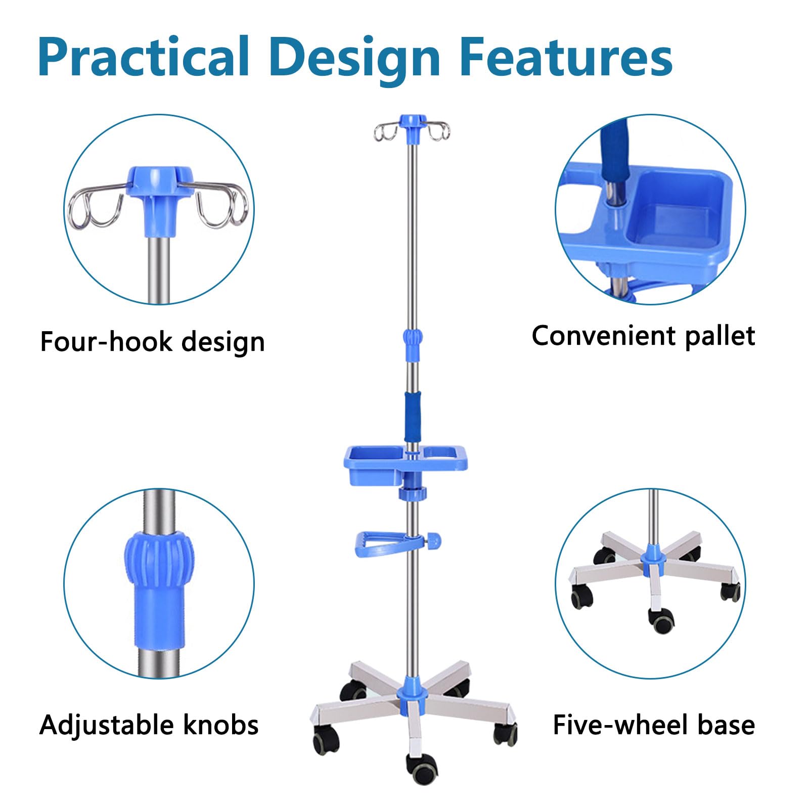 Infusionsständer mit Rollen Edelstahl, Höhenverstellbar 110–200 cm, 5-Rad Basis, 4 Haken für mehrere Patienten, Aufbewahrungsbox mit 4 Netztaschen – Tragbarer IV Ständer