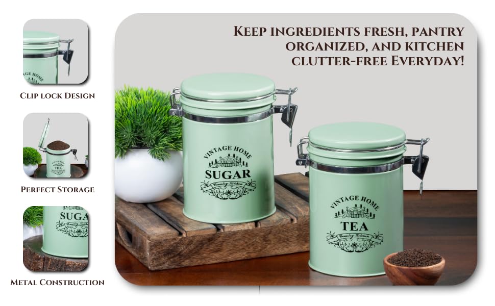 Image of Metallure Home Clip-Lock Round Classic Tea Sugar Container Set of 2 | Metal Container for Kitchen Storage | Airtight Jar Set | Food-Safe Tea Jars for Kitchen (Light Green)