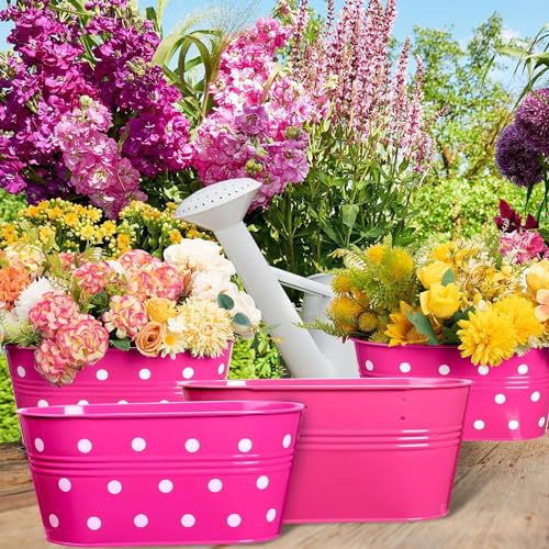 Image of 12 INCH Anti Rust Railing Oval Planter for Balcony & Garden with Detachable Handle | Hanging Flowerpot Holder | Metal Wall Planter for Indoor and Outdoor Decor (Multicolour Polka Dot, 2)