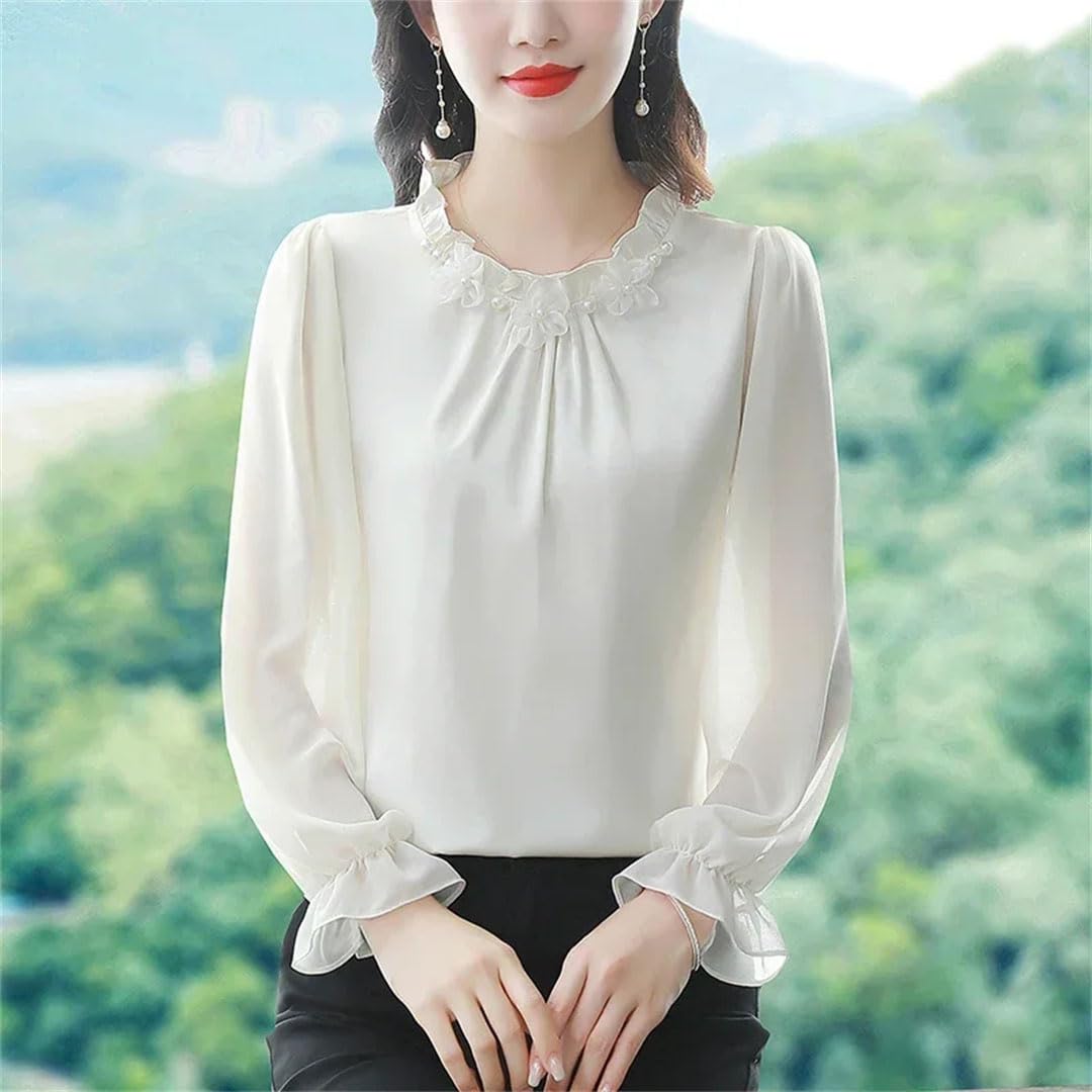 Camisas de gasa para mujer, blusas sueltas de color liso, cuello redondo, ropa de mujer de manga larga