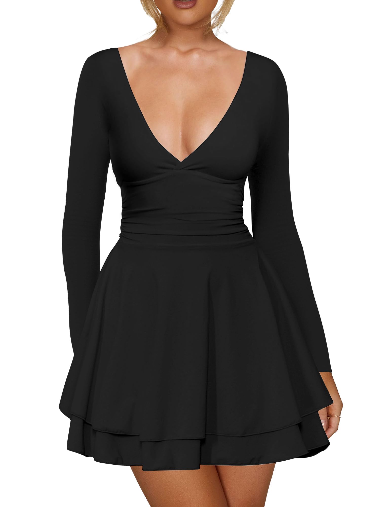 Kaximil Womens Sexy Long Sleeve V Neck Mini Dress Ruched A Line Flowy Cocktail Party Short Dresses