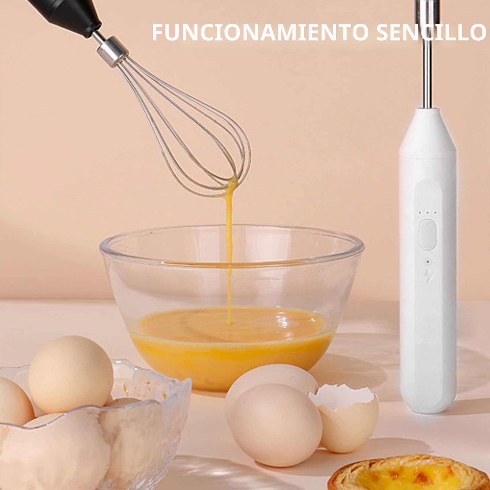 Batidora de Mano Inalámbrica Batidora de Huevos Eléctrica Recargable por USB para Preparar café (Blanco)