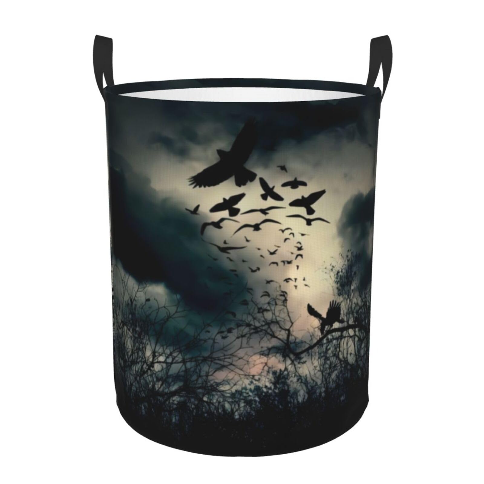 M Circular Hamper – Collapsible Night crow Print Laundry Basket