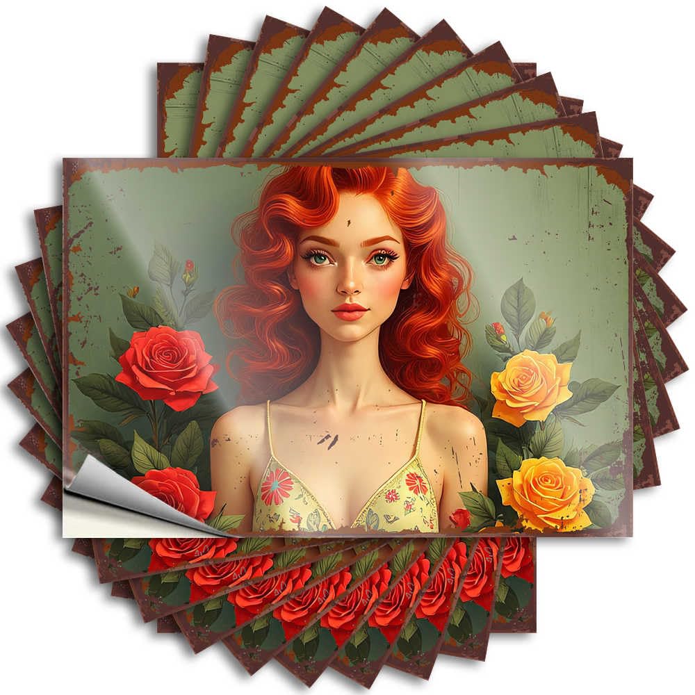 Tattoos Room Door Decor Custom Stickers, Window Waterproof Floral Fantasy: A Woman with Vibrant Red Hair Surrounded By Roses for Hydro Flask | Snarky Vinyl Decals for Things(8X12CM)