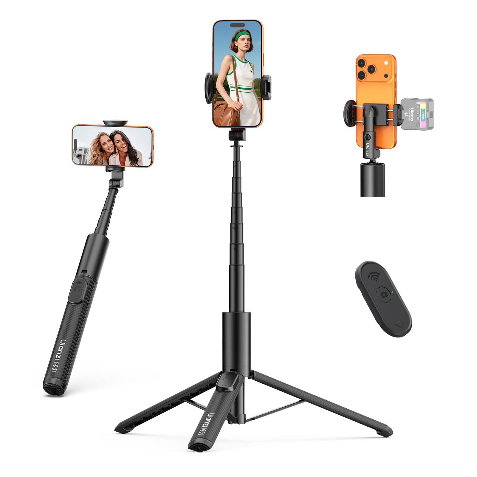 ULANZI SK27 Extendable Phone Tripod, 61" Selfie Stick for iPhone, 2 in 1 Adjustable Tripod with Wireless Remote Cold Shoe Mount, Portable Phone Stand Lightweight for Travel Photo Video Stream Vlog-image-2
