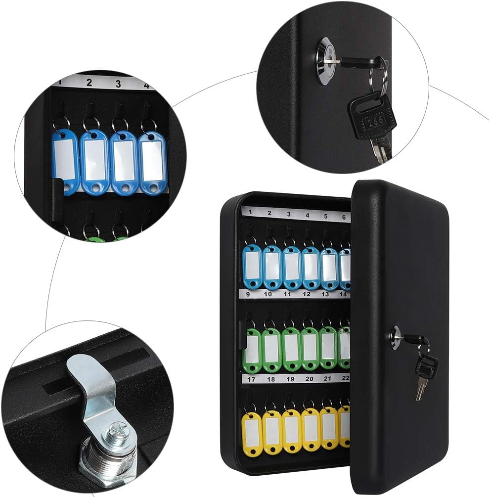 Jssmst Key Lock Box Wall Mount Security Key Storage Box, Locking Key Cabinet Wall Mount with 48 Key Hooks & Tags Key Labels, 11.81 x 9.45 x 2.95 inches, Black Matt