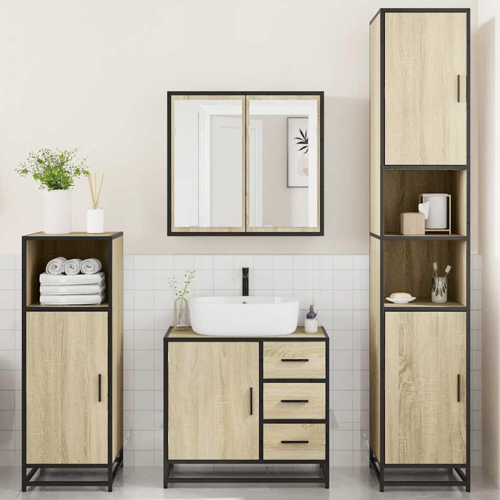 Set Mobili da Bagno 4 Pezzi Rovere Sonoma e Metallo | Arredo per il bagno con mobile specchio, sottolavabo e due colonne salvaspazio in stile industriale.