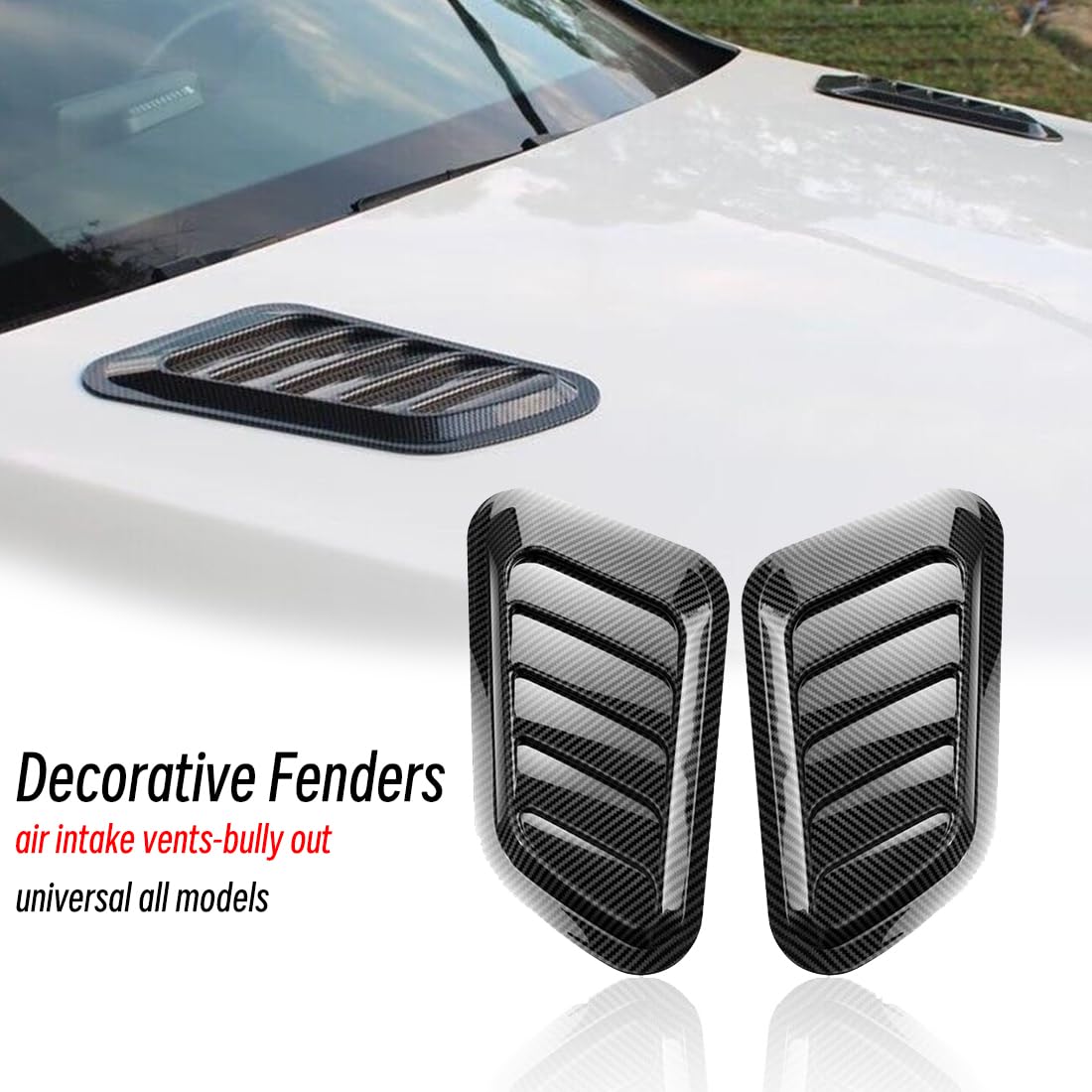 Presa d'Aria Decorativa per Cofano Auto (2 Pezzi) - Universale, Effetto Fibra di Carbonio Lucido, Accessorio Adesivo per Carrozzeria, Spoiler per Tetto, Parafango, Stile Sportivo Tuning