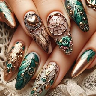 Long Almond Press on Nails Fall Colorful Fake Nails with Peacock Feather Designs Flower Nails Press Ons Cute Artificial Gel Acrylic Glue on Nails Kit Green Gold Stick on Nails for Women 24pcs